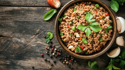 Minced beef in a bowl, surrounded by fresh herbs, garlic, and pepper on a rustic wooden surface, capturing the warmth of home cooking