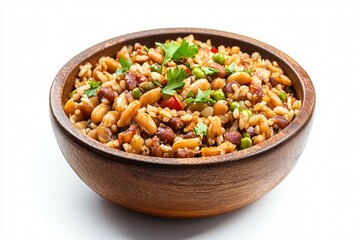 Traditional Hoppin' John in Serving Dish with Black-Eyed Peas and Rice, Isolated on White Background