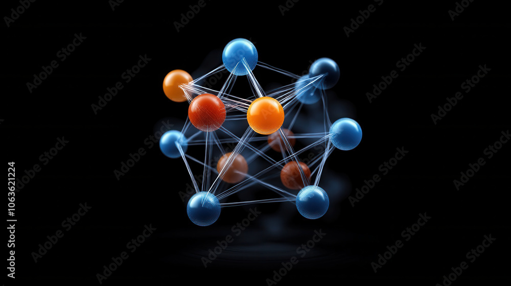 Poster 3d atomic structure in crystal lattice with colorful spheres representing atoms. vibrant colors and 
