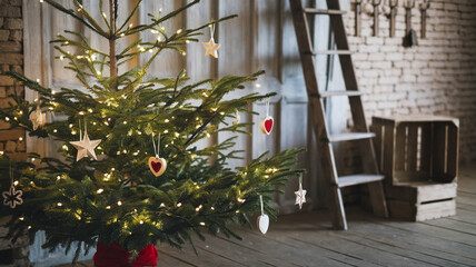 Christmas Tree Decorated with Lights and Hearts