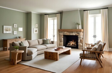A cozy rustic living room with a minimalist design, featuring natural wood furniture and earthy tones. The room offers plenty of space for customization with its simple yet elegant layout.