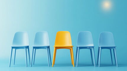 Obraz premium Standout Yellow Chair in Row of Blue Chairs – Business Concept