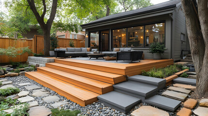 Wooden Deck and Stone Pathway in Backyard