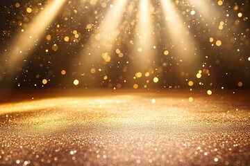 Golden light rays shining down on the stage, gold confetti falling from the sky, a golden, shiny background, a shiny gold floor, an empty stage, high resolution, high quality