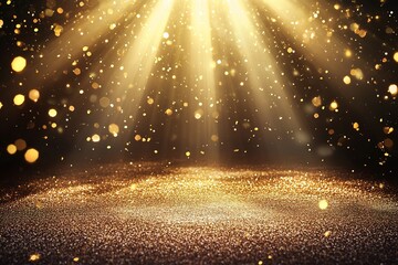 Golden light rays shining down on the stage, gold confetti falling from the sky, a golden, shiny background, a shiny gold floor, an empty stage, high resolution, high quality
