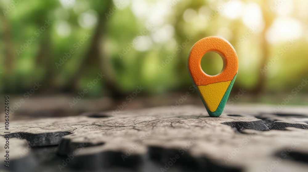 Poster colorful 3d map marker resembling puzzle piece stands on textured surface, surrounded by greenery, s