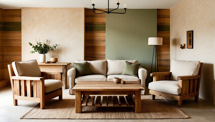 A cozy rustic living room with a minimalist design, featuring natural wood furniture and earthy tones. The room offers plenty of space for customization with its simple yet elegant layout.