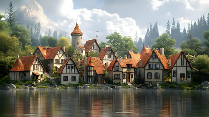Fantasy Village by the Lake - 3D Illustration