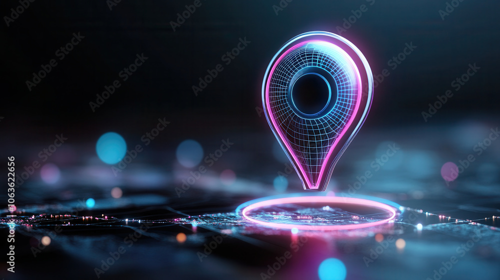 Poster futuristic 3d map marker with neon colors and glowing effects, ideal for digital navigation and tech