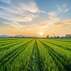Fototapeta premium Green rice fields with a sunset sky background