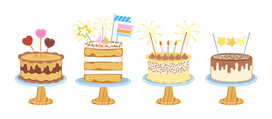 Vector illustration set of different flavors of cute style cake slices. Flat design, isolated on white. Vector illustration of bakery, birthday cake, party, celebration, festival, happy for greeting.