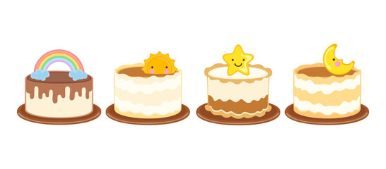Vector illustration set of different flavors of cute style cake slices. Flat design, isolated on background. Bakery vector Morning cartoons of the sun, stars, moon, celebrations, parties, happiness. 