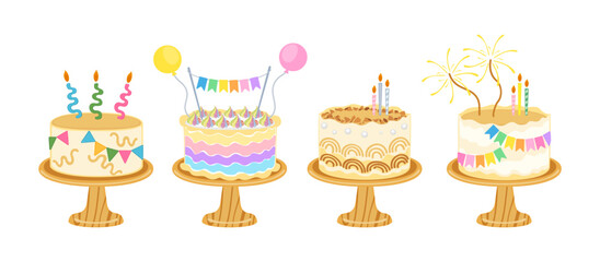 Vector illustration set of different flavors of cute style cake slices. Flat design, isolated on white. Vector illustration of bakery, birthday cake, party, celebration, festival, happy for greeting.