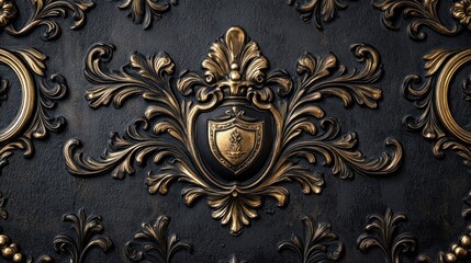 Ornate gold and black textured background with a shield and floral motifs.