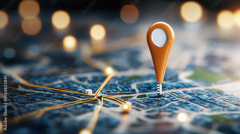 Poster minimalist 3d map marker on detailed city map, glowing lights enhance scene depth and focus. perfect