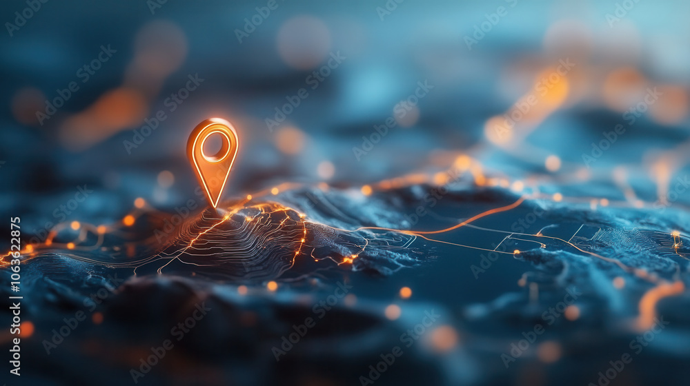 Poster futuristic 3d map marker glowing in digital landscape with vibrant lines. this design represents adv