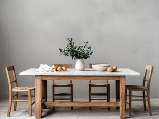 Simple marble dining table with teak accents, bohemian decor, vintage wooden chairs