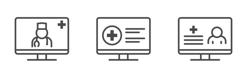 Obraz premium Digital healthcare line icons. Patient portal and online doctor consultation. Isolated vector images in simple style
