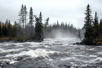A rushing river surrounded by tall evergreen trees, captured in natural beauty, showcasing the timeless force of nature and the majesty of wilderness.