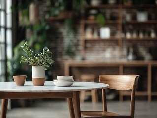 Fototapeta premium Rustic teak and white marble table, vintage chairs, warm lighting, bohochic decor