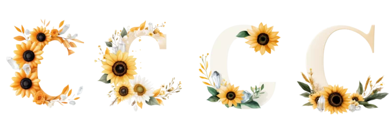 Poster de jardin  set of Alphabet letter C with sunflowers and leaves isolated on white background  © Naphatson