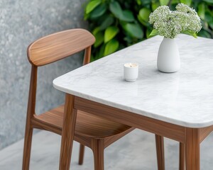 Teak and marble dining table set for dinner, candlelight, romantic and elegant setting