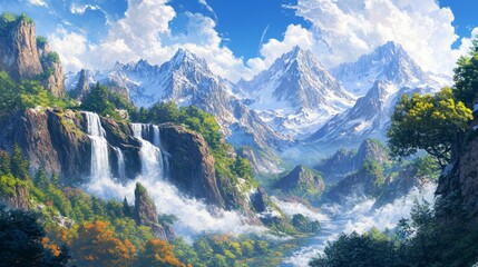 Obraz premium A breathtaking mountain landscape with waterfalls, lush greenery, and dramatic clouds.