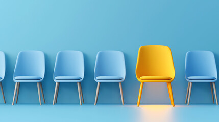 Standout Yellow Chair in Row of Blue Chairs – Business Concept