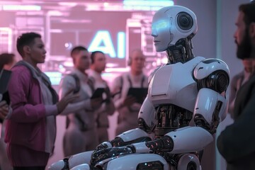 Fototapeta premium Advanced humanoid robot with glowing eyes, surrounded by humans