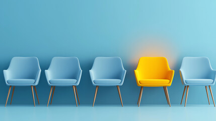 Obraz premium Standout Yellow Chair in Row of Blue Chairs – Business Concept