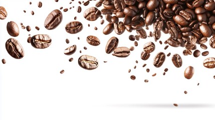 Obraz premium Floating coffee beans isolated on white background, showcasing rich texture and detail, perfect for coffee-related design and advertising concepts