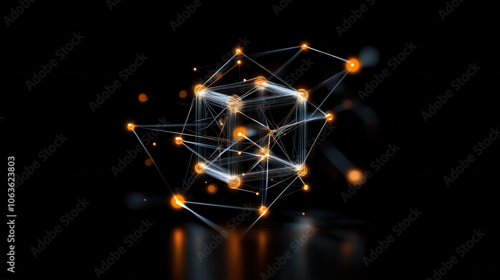 Poster crystal lattice atomic structure with glowing nodes and connections, showcasing dynamic and intricat