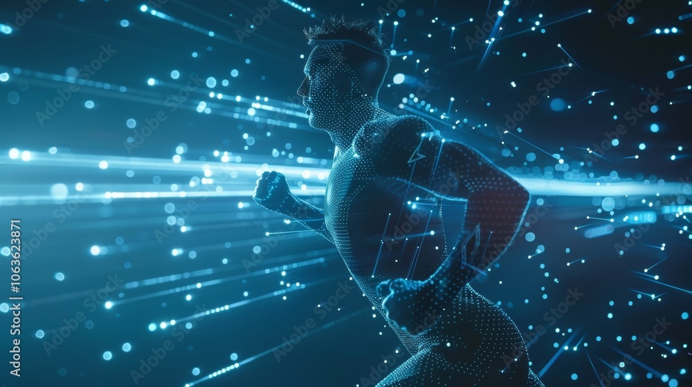 Aufkleber digital athlete running through a futuristic data stream, symbolizing the integration of technology 