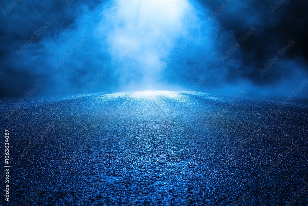 Poster a dark blue background with rays of light shining down on an empty asphalt road, creating a dramatic