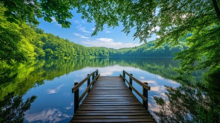 Serene lake view with a wooden dock surrounded by lush greenery and clear blue skies.
