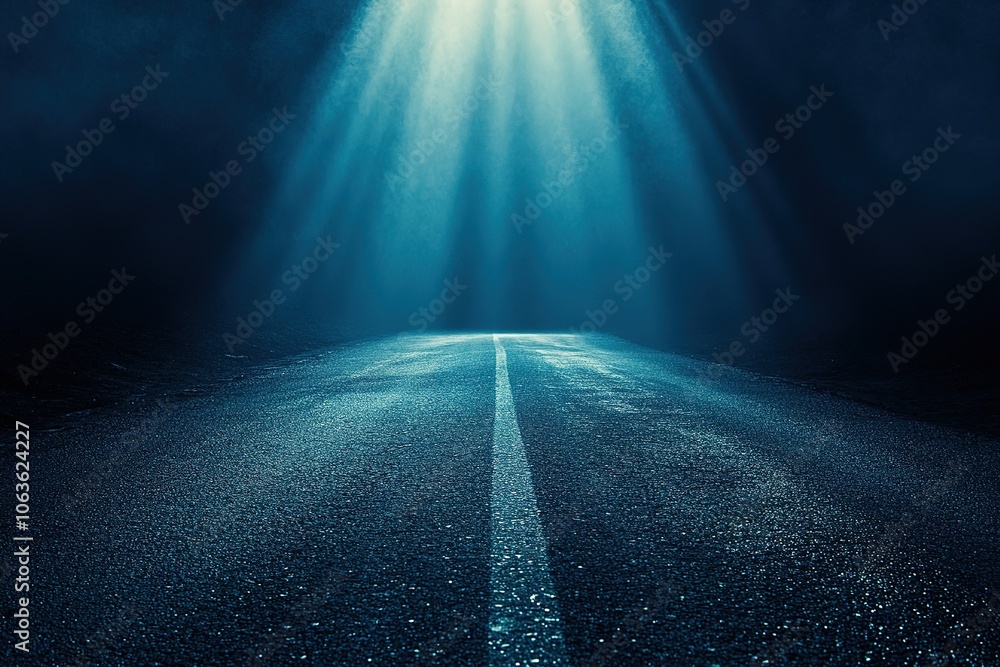 Poster a dark blue background with rays of light shining down on an empty asphalt road, creating a dramatic