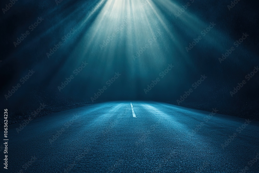 Poster a dark blue background with rays of light shining down on an empty asphalt road, creating a dramatic