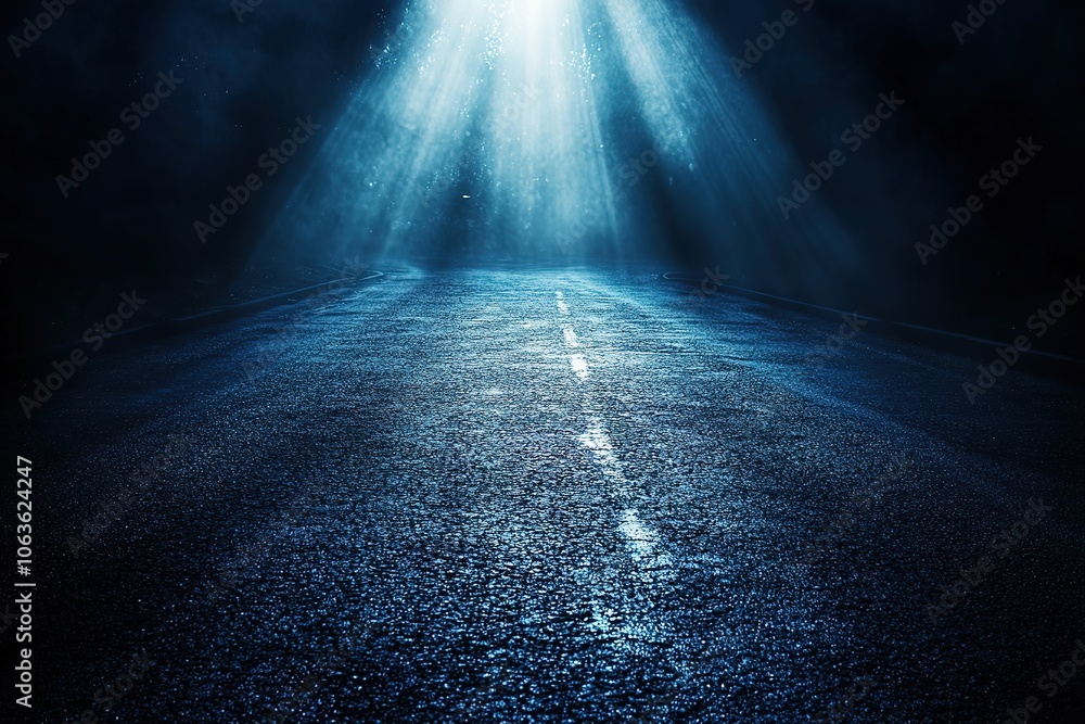 Poster a dark blue background with rays of light shining down on an empty asphalt road, creating a dramatic