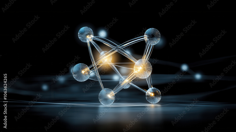 Poster detailed atomic structure in crystal lattice, showcasing interconnected particles with glowing nodes