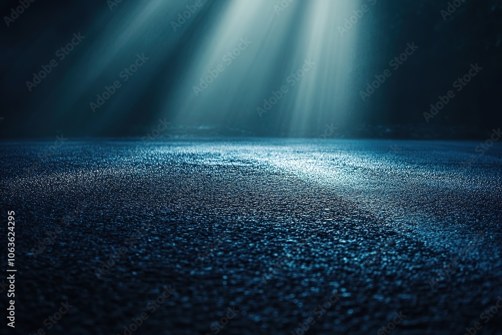 Poster a dark blue background with rays of light shining down on an empty asphalt road, creating a dramatic