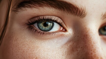 Obraz premium Close-up of a blue eye with freckles and a light reflecting in the iris