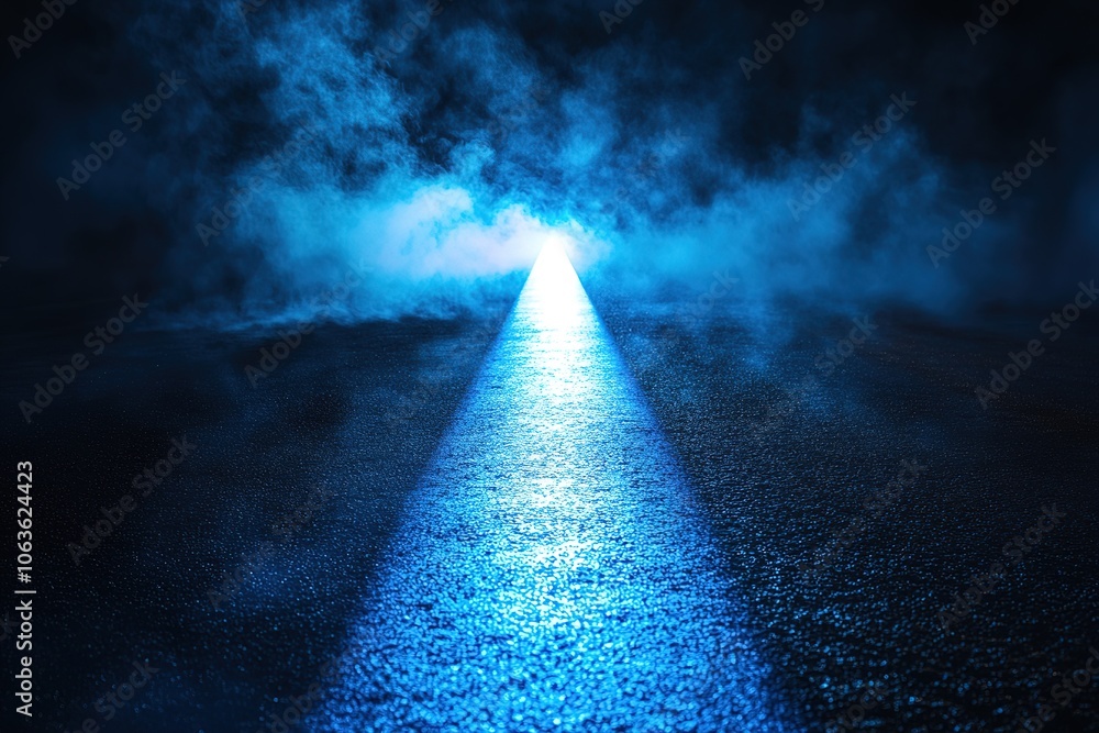 Poster a dark blue background with rays of light shining down on an empty asphalt road, creating a dramatic