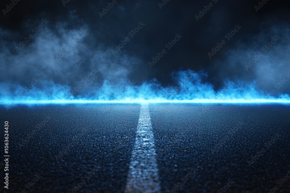 Poster a dark blue background with rays of light shining down on an empty asphalt road, creating a dramatic