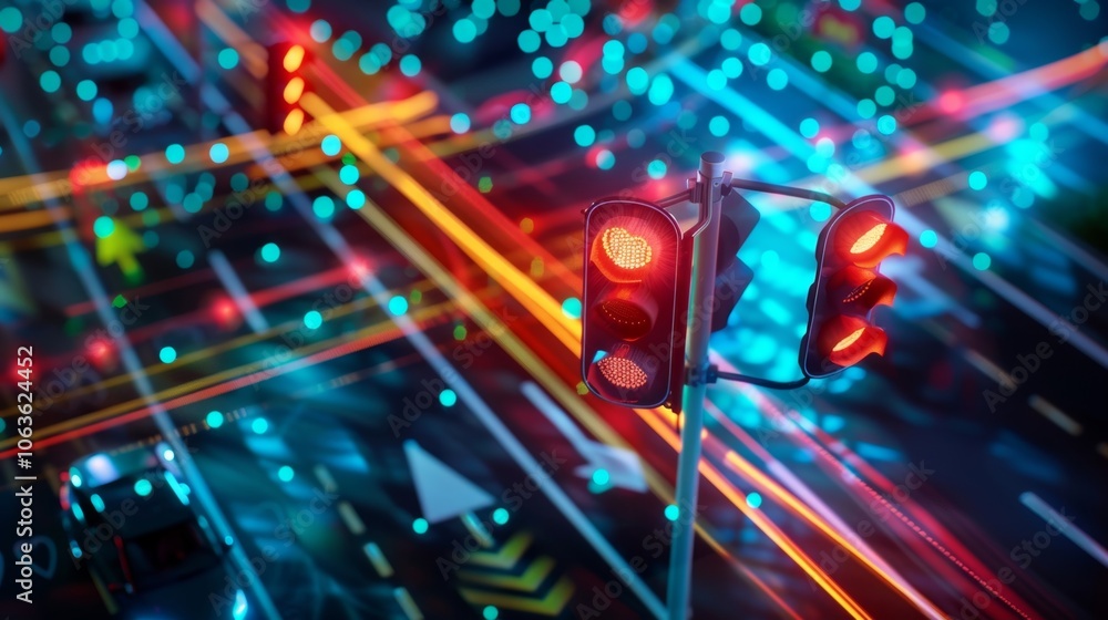 Poster red traffic lights managing flow of autonomous vehicles in futuristic intersection with light trails