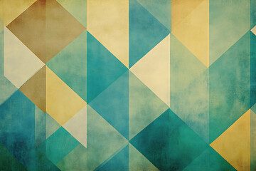 Colorful geometric pattern featuring shades of blue, green, and yellow with textured detailing in an abstract style