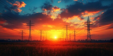 sunset landsacape of large field and towers attach to the clouds