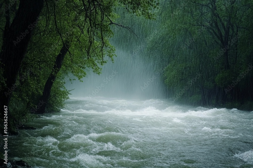 Poster this image captures a powerful river flowing rapidly through a densely wooded forest, while heavy ra