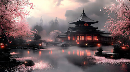 Obraz premium Japanese Temple in a Misty Forest with Cherry Blossoms Illustration