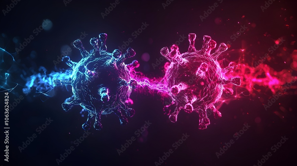Poster neon virus particle splitting exponential growth concept in dark background