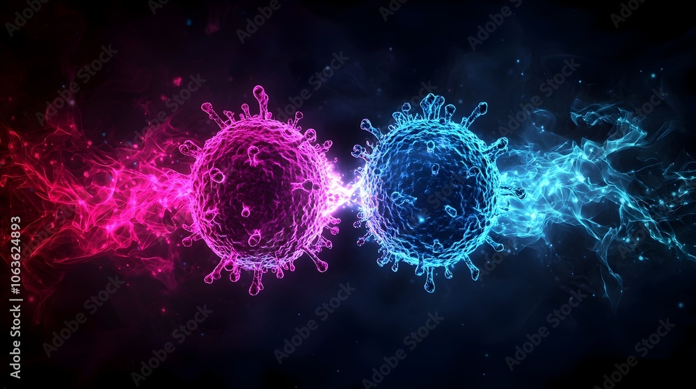 Aufkleber neon virus particle splitting into two exponential growth concept against dark background